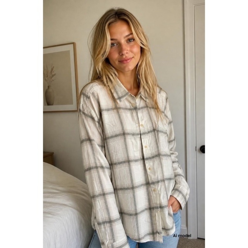 Banana Republic Womens White Grey Plaid Button Down Shirt Long Sleeve Size L